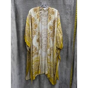 Boho Kimono Cardigan Woman L-XL Yellow Paisley Medallion Open Front Cover Up
